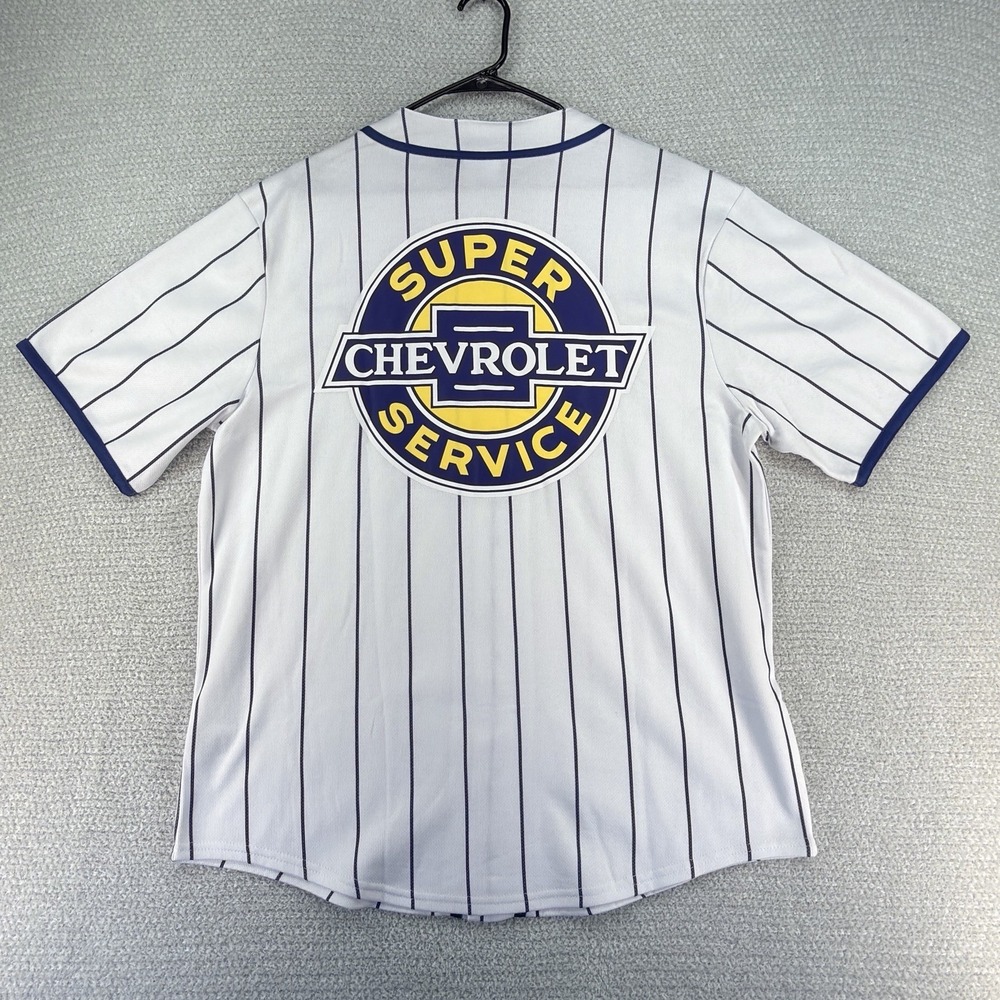 GM Chevrolet Chevy Baseball Jersey Mens Medium White Blue Pinstripe Button - Picture 6 of 15